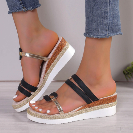 Women's Platform Wedge Vacation Sandals Metallic Strap Detail