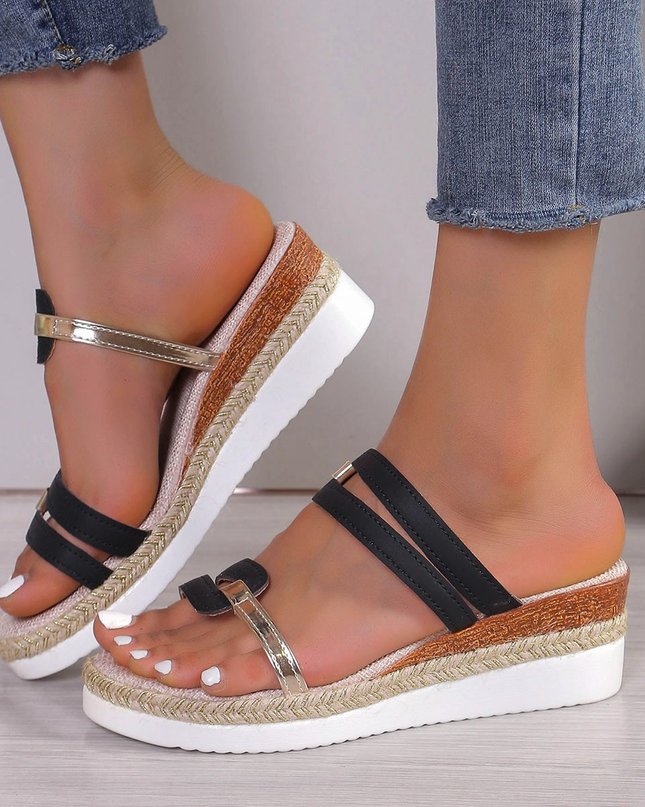 Women's Platform Wedge Vacation Sandals Metallic Strap Detail