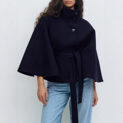 Isabelle | Women's Belted Cape Coat with High Collar