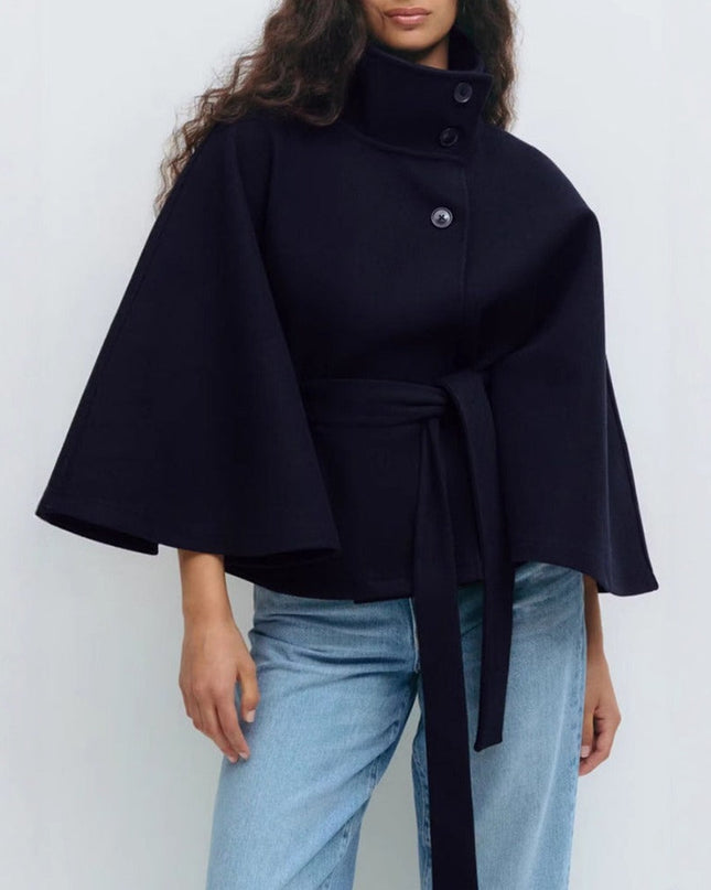 Isabelle | Women's Belted Cape Coat with High Collar