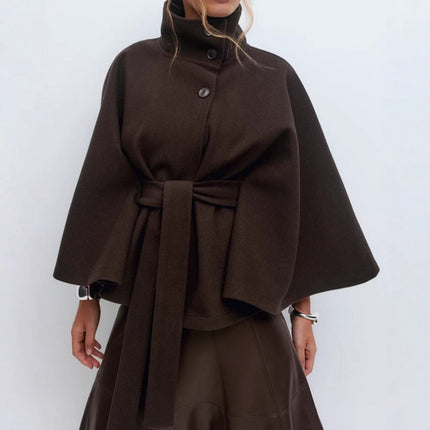 Isabelle | Women's Belted Cape Coat with High Collar