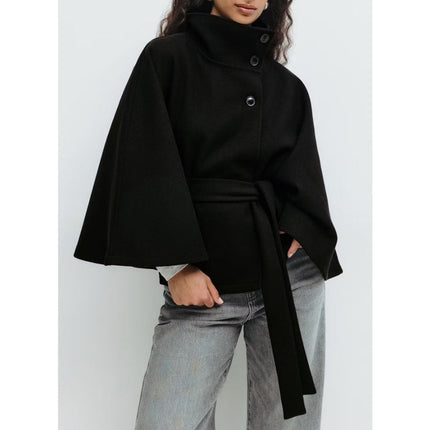 Isabelle | Women's Belted Cape Coat with High Collar