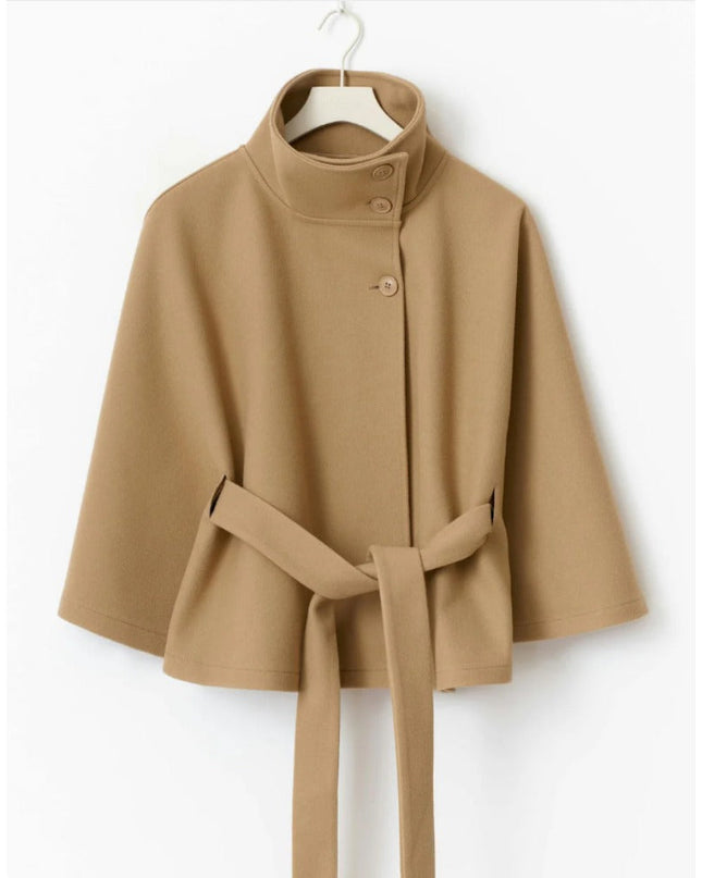 Isabelle | Women's Belted Cape Coat with High Collar