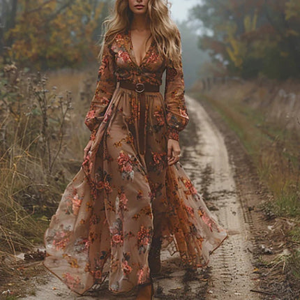 Isla | Embroidered V-Neck Bohemian Maxi Dress with Long Sleeves