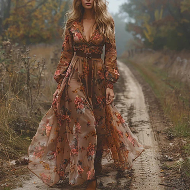 Isla | Embroidered V-Neck Bohemian Maxi Dress with Long Sleeves