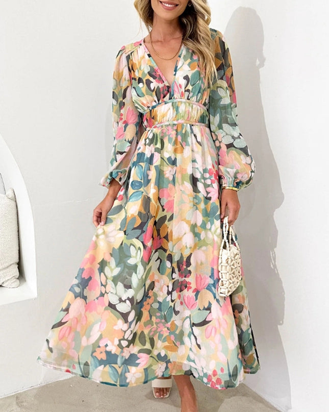 Juliette | Floral V-Neck Maxi Dress with Long Sleeves
