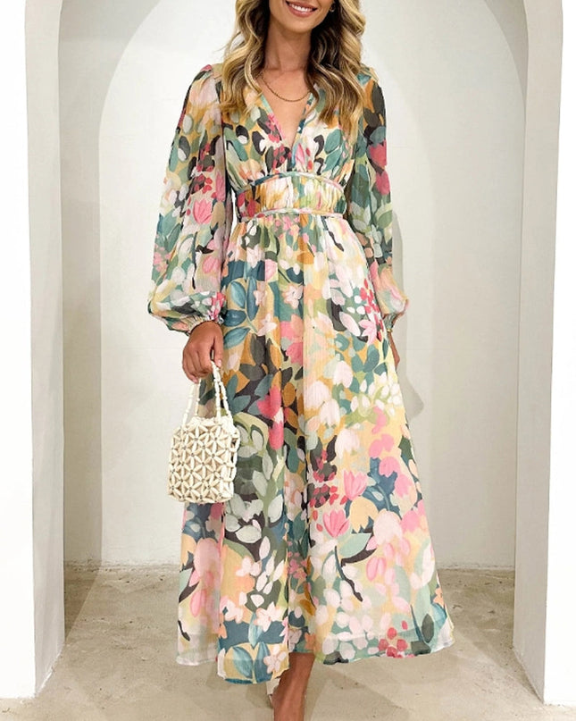 Juliette | Floral V-Neck Maxi Dress with Long Sleeves