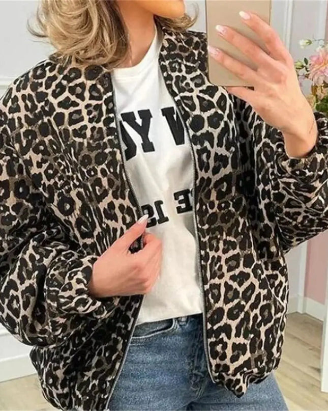 Liorenne | Women's Bomber Jacket Quilted Zip Front Leopard Print