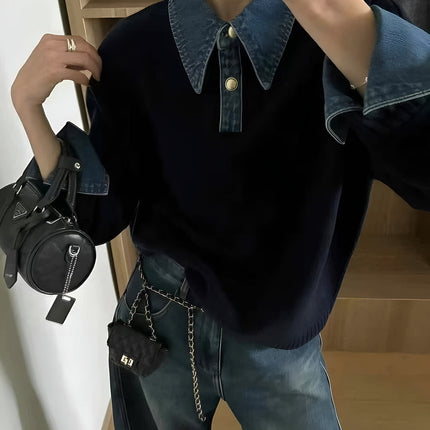 Madeline | Women's Collared Knit Sweater Contrast Collar Long Sleeve