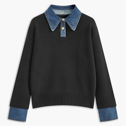 Madeline | Women's Collared Knit Sweater Contrast Collar Long Sleeve