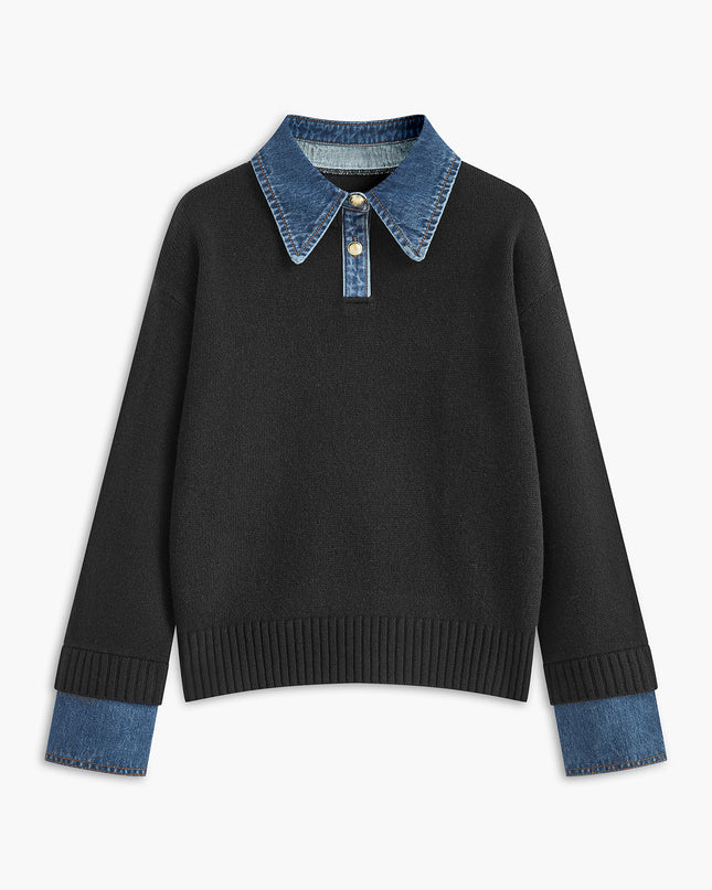 Madeline | Women's Collared Knit Sweater Contrast Collar Long Sleeve