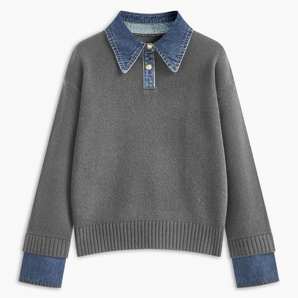 Madeline | Women's Collared Knit Sweater Contrast Collar Long Sleeve