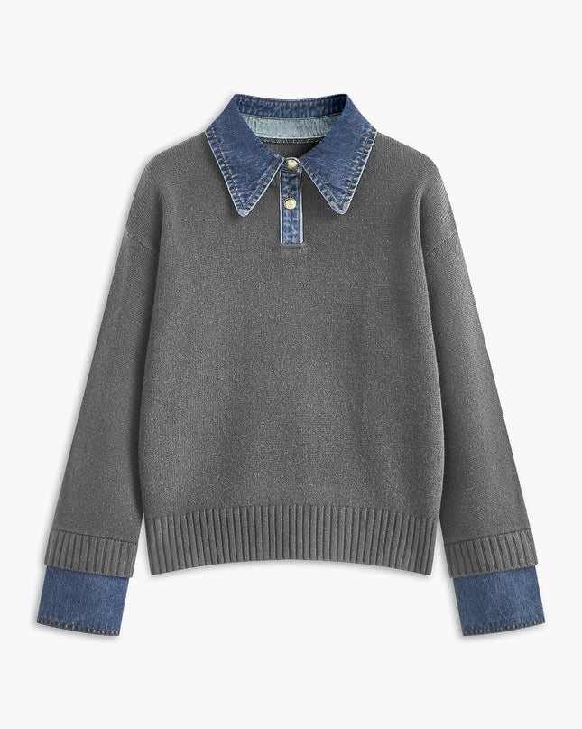 Madeline | Women's Collared Knit Sweater Contrast Collar Long Sleeve