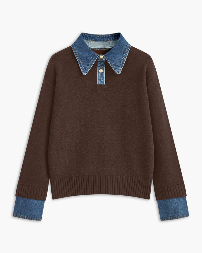Madeline | Women's Collared Knit Sweater Contrast Collar Long Sleeve