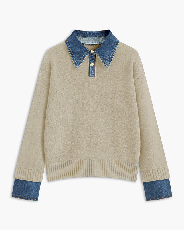 Madeline | Women's Collared Knit Sweater Contrast Collar Long Sleeve