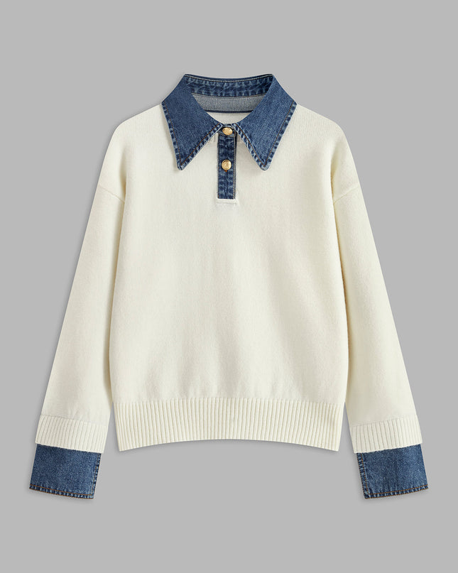 Madeline | Women's Collared Knit Sweater Contrast Collar Long Sleeve