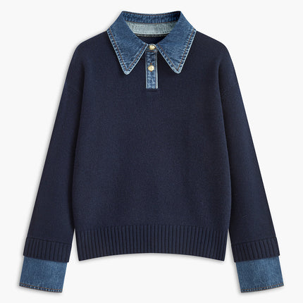 Madeline | Women's Collared Knit Sweater Contrast Collar Long Sleeve
