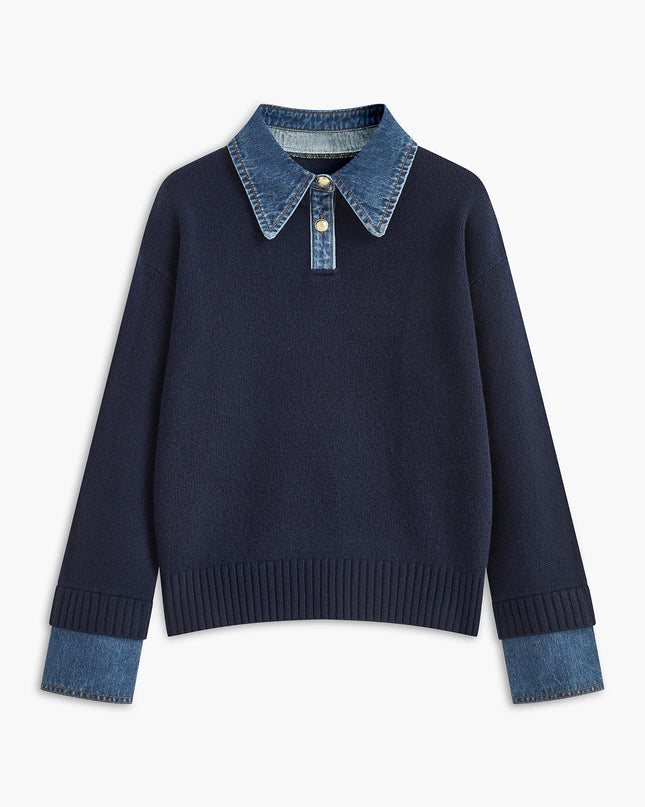 Madeline | Women's Collared Knit Sweater Contrast Collar Long Sleeve