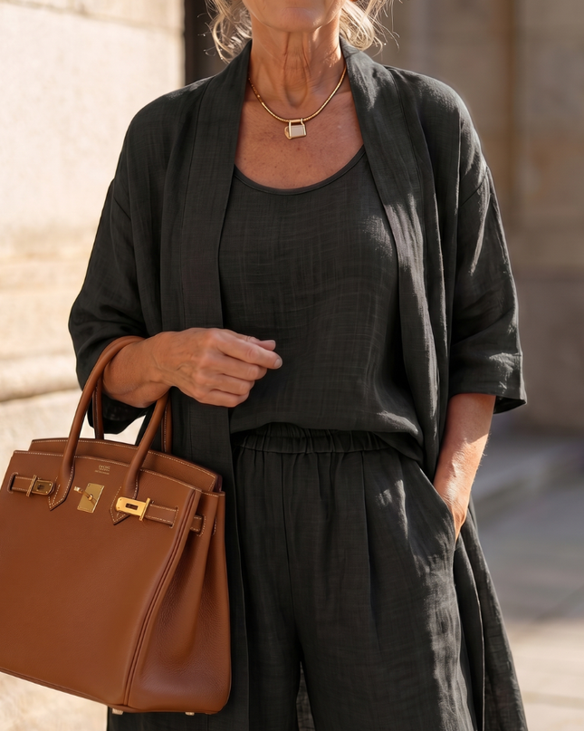 Margot | Relaxed Three-Piece Pant Set with Open-Front Layer