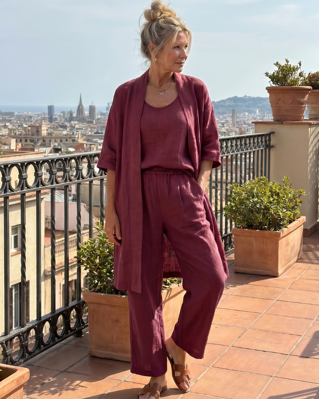 Margot | Relaxed Three-Piece Pant Set with Open-Front Layer