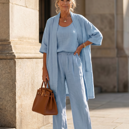 Margot | Relaxed Three-Piece Pant Set with Open-Front Layer