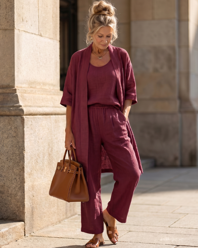 Margot | Relaxed Three-Piece Pant Set with Open-Front Layer