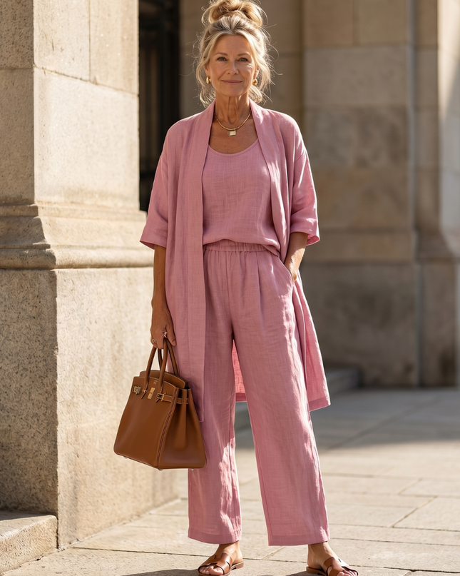 Margot | Relaxed Three-Piece Pant Set with Open-Front Layer