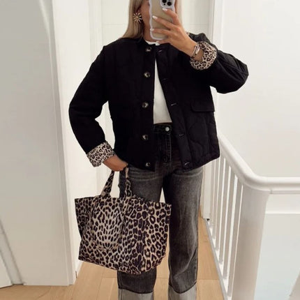 Martha | Women's Quilted Jacket Collarless Button Front Animal Print Details