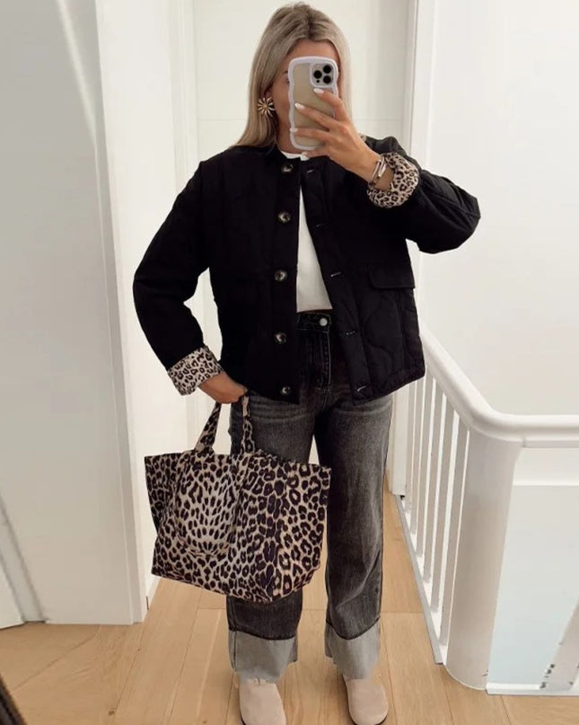Martha | Women's Quilted Jacket Collarless Button Front Animal Print Details