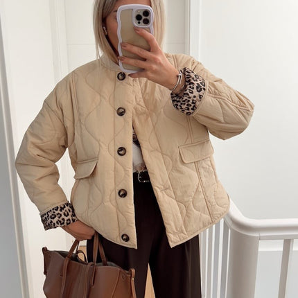 Martha | Women's Quilted Jacket Collarless Button Front Animal Print Details