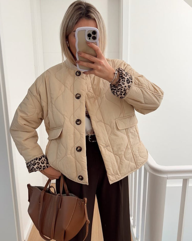 Martha | Women's Quilted Jacket Collarless Button Front Animal Print Details