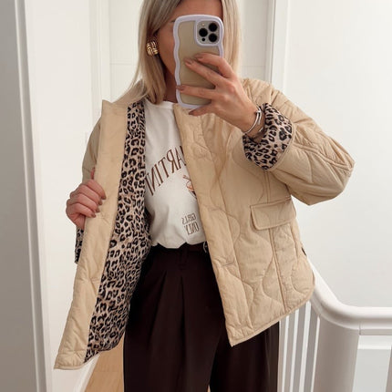 Martha | Women's Quilted Jacket Collarless Button Front Animal Print Details