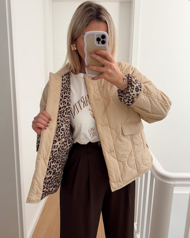 Martha | Women's Quilted Jacket Collarless Button Front Animal Print Details