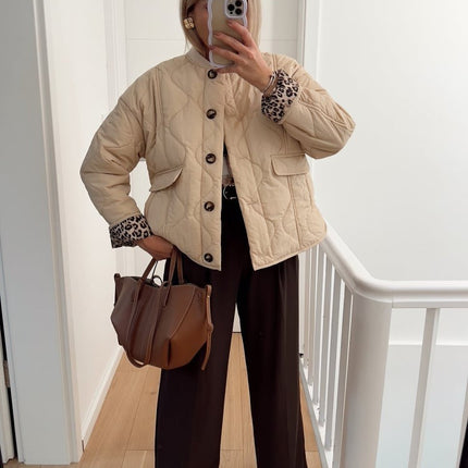 Martha | Women's Quilted Jacket Collarless Button Front Animal Print Details