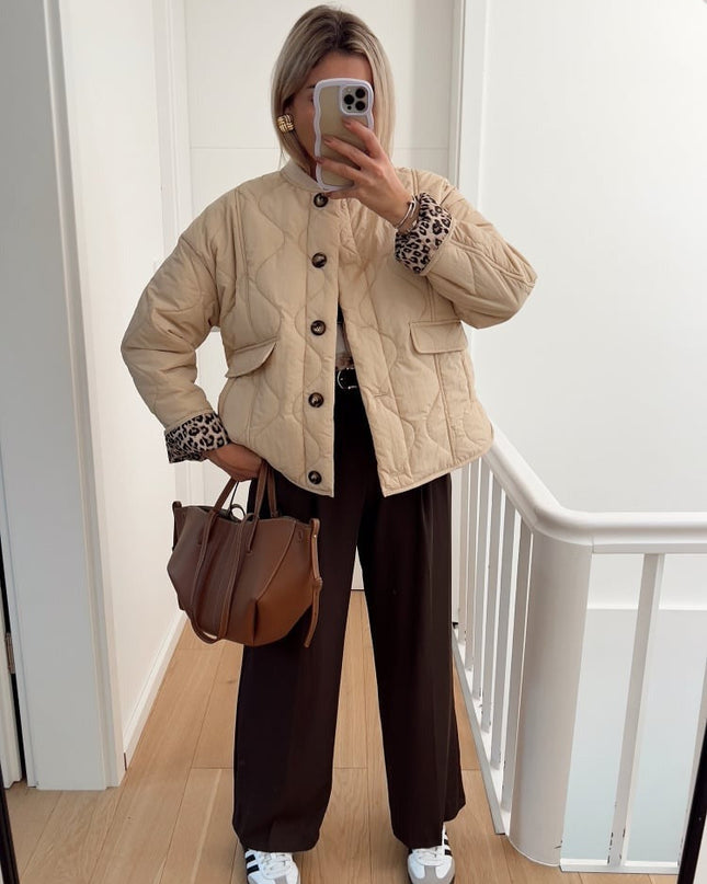 Martha | Women's Quilted Jacket Collarless Button Front Animal Print Details