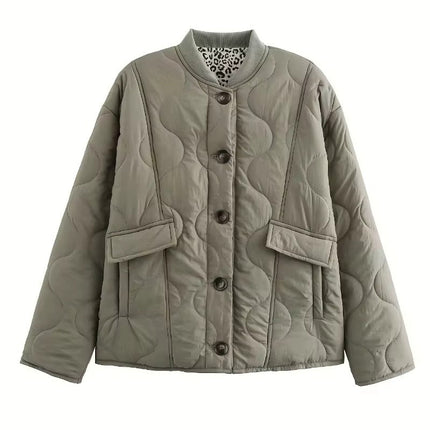Martha | Women's Quilted Jacket Collarless Button Front Animal Print Details