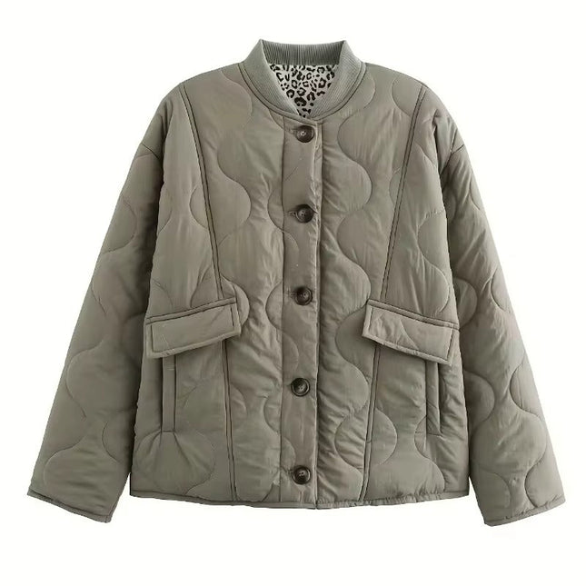 Martha | Women's Quilted Jacket Collarless Button Front Animal Print Details