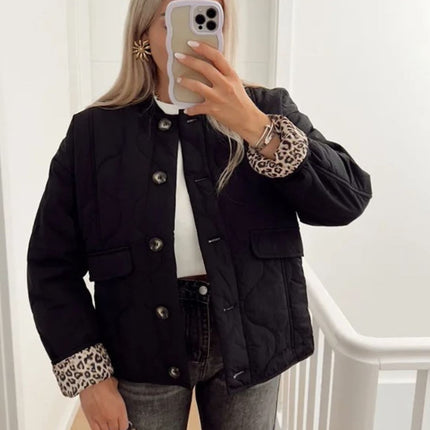 Martha | Women's Quilted Jacket Collarless Button Front Animal Print Details