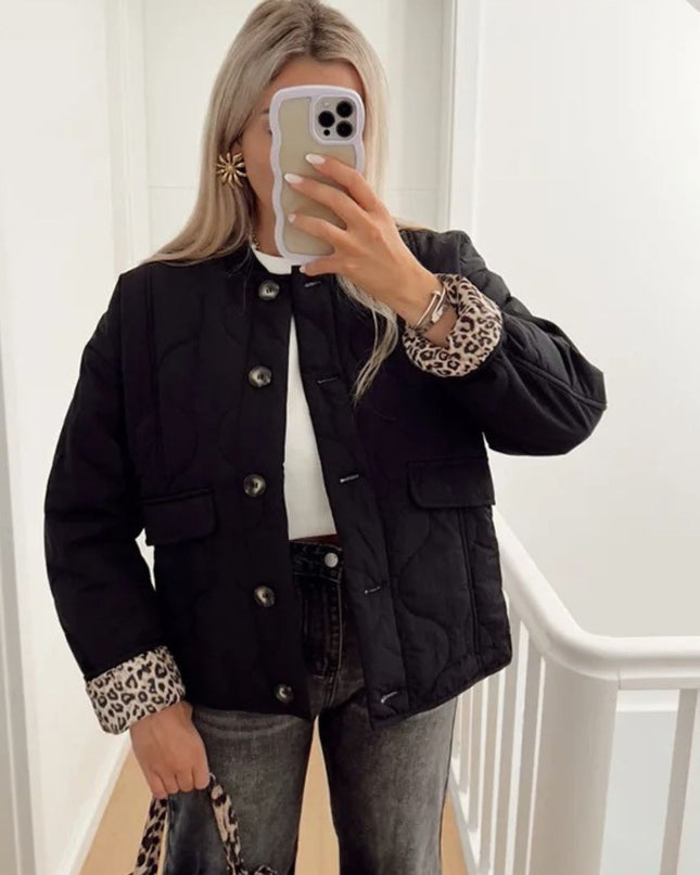 Martha | Women's Quilted Jacket Collarless Button Front Animal Print Details