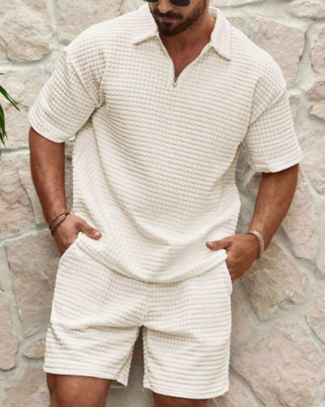 Men’s 2 Piece Summer Textured Short Sleeve Shirt and Shorts Set