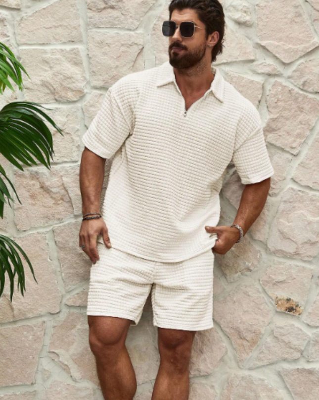 Men’s 2 Piece Summer Textured Short Sleeve Shirt and Shorts Set