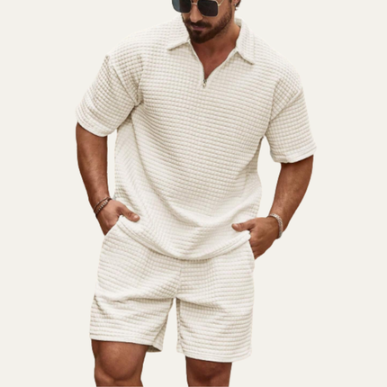 Men’s 2 Piece Summer Textured Short Sleeve Shirt and Shorts Set