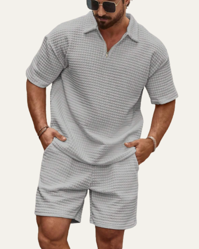 Men’s 2 Piece Summer Textured Short Sleeve Shirt and Shorts Set
