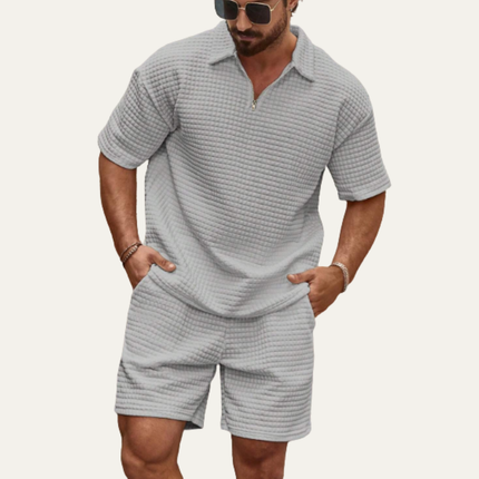 Men’s 2 Piece Summer Textured Short Sleeve Shirt and Shorts Set
