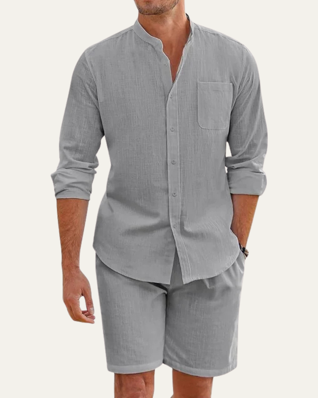 Men’s Band Collar Shirt and Shorts Set