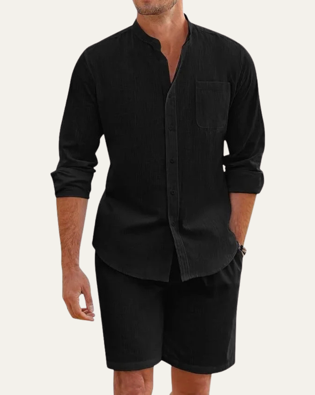 Men’s Band Collar Shirt and Shorts Set