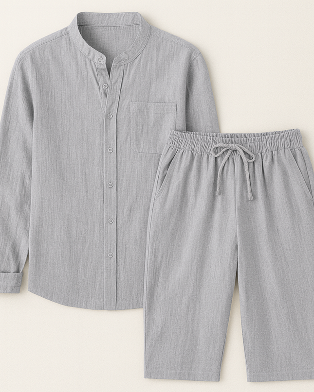 Men’s Band Collar Shirt and Shorts Set