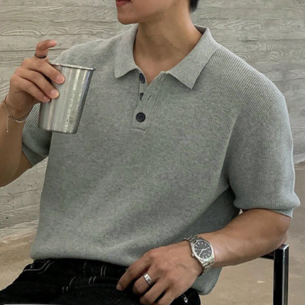 Men’s Casual Solid Color Knitted Polo Shirt