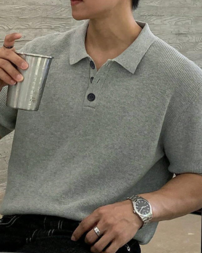 Men’s Casual Solid Color Knitted Polo Shirt