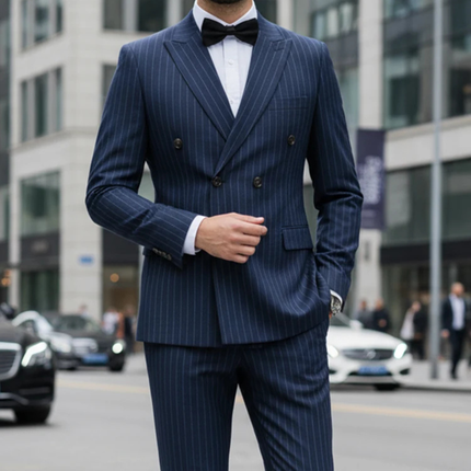 Men’s Classic Pinstripe Suit – Elegant Double Breasted 2 Piece